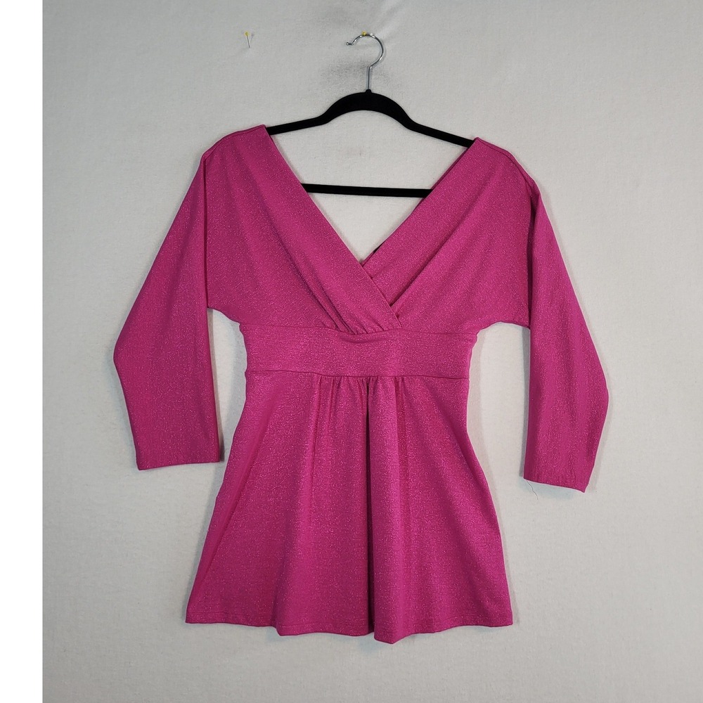 Y2K Express Pink Metallic Empire Waist V-Neck 3/4 Sleeve VBack Shimmer Top S New - Picture 8 of 9